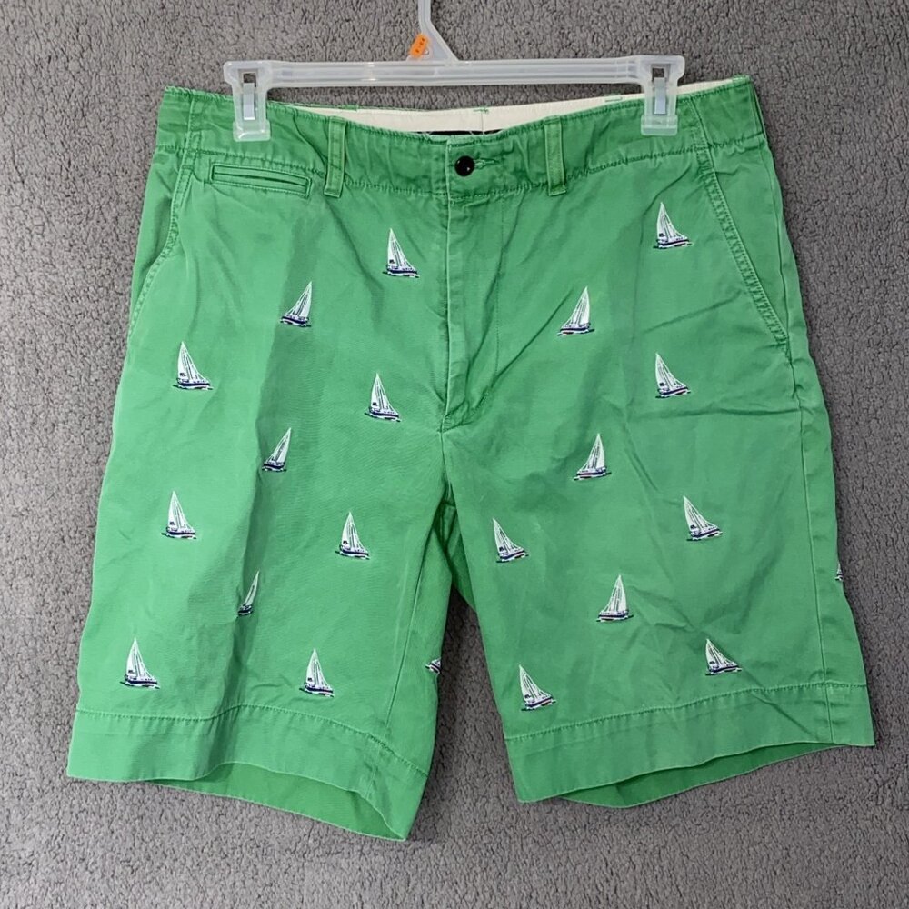VTG Polo Ralph Lauren Shorts Men's‎ 36 Green Distressed AOP Sailboats Nautical